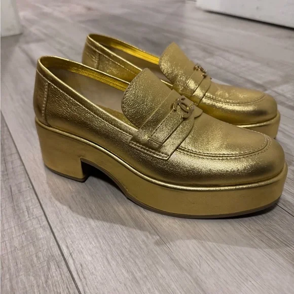 CHANEL Gold Flats Luxurious Metallic Loafers